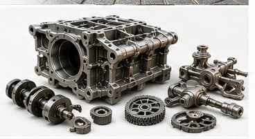 Eski motor bloğu ve restore edilmiş mekanik parçalar